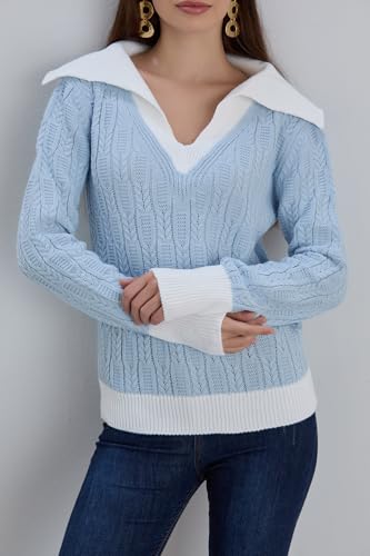 Image of Sweaters for Women Fashion Long Sleeve Lapel Collar V Neck Casual Knit Color Block Pullover Sweater