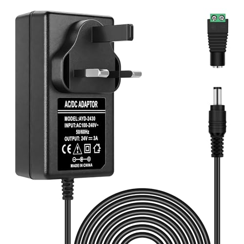 24V 3A 72W Power Supply UK Plug, AC 100–240V to DC 24V LED Driver Power Adapter, Constant Voltage Low Voltage Transformer with 5.5 × 2.1mm DC Jack for LED Strip Light