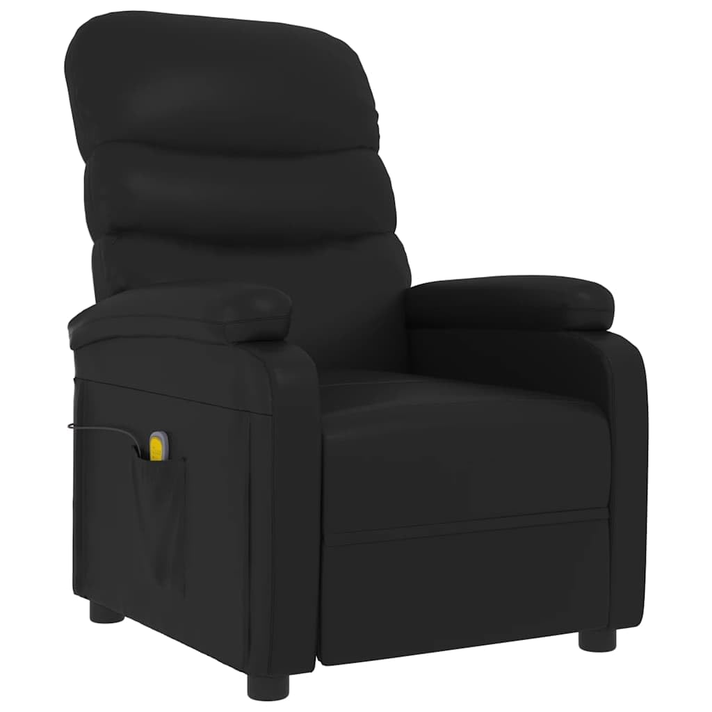 Poltrona massaggiante nera in ecopelle, poltrona relax con massaggio vibrante a 6 punti, schienale e poggiapiedi regolabili manualmente, funzionamento USB, tasca laterale, portata 110 kg, per
