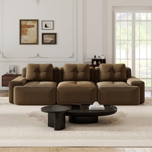 Image of 117 inch Oversized 3 Seater Modular Boneless Couch, Durable Corduroy Fabric, Deep Seat Cloud sectional Sofa with Buckle Connection and Tufted Detail, No Assembly, Anti Slip, Brown