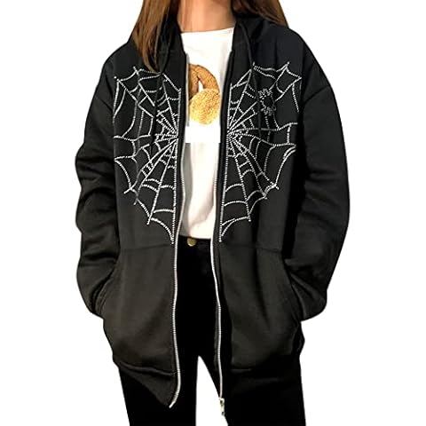 Women Print Zip Up Hoodie Skeleton Gothic Hooded Sweatshirt Vintage Butterfly Oversized Jackets Coat E-Girl Streetwear, E-black, XXL Cover