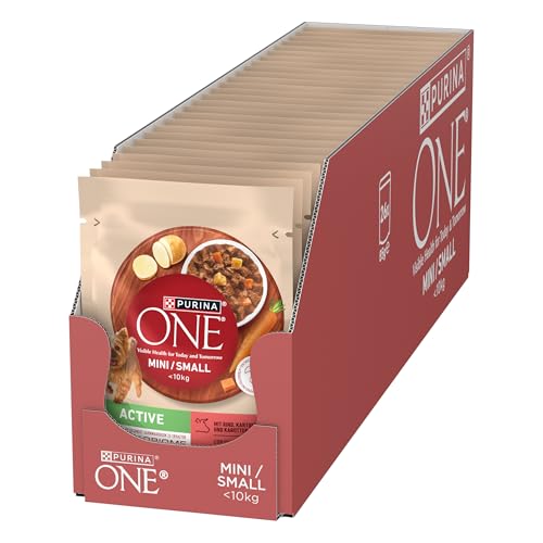PURINA ONE Mini/Small Active Hundefutter nass für kleine Hunde, reich an Rind & Gemüse, 26er Pack (26 x 85g)