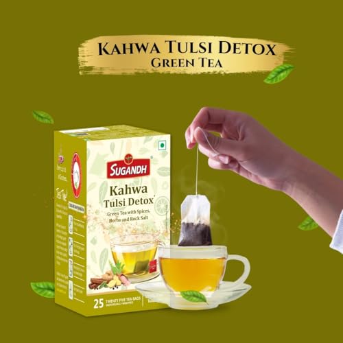 Image of Sugandh Kahwa Tulsi Detox Green Tea | With Ginger, Spices, Herbs & Rock Salt | Refreshing & Aromatic Wellness Blend | 100% Natural Ingredients | 25 Bags x 2.5g