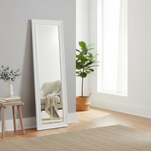 Image of APRODZ Tall White Full Length Mirror 52x160 cm | Slim Floor Standing Full Body Dressing Mirror | Modern White Frame Mirror for Bedroom, Living Room, Hallway & Studio