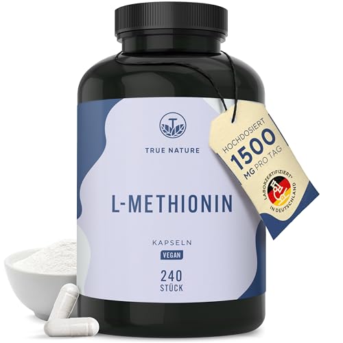 L-Methionin - 240 Kapseln (500mg)- Hochdosiert: 1500mg pro Tag - 80 Tage Vorrat - Aminosäure - Vegan Ohne Zusatzstoffe - Deutsche Produktion - TRUE NATURE