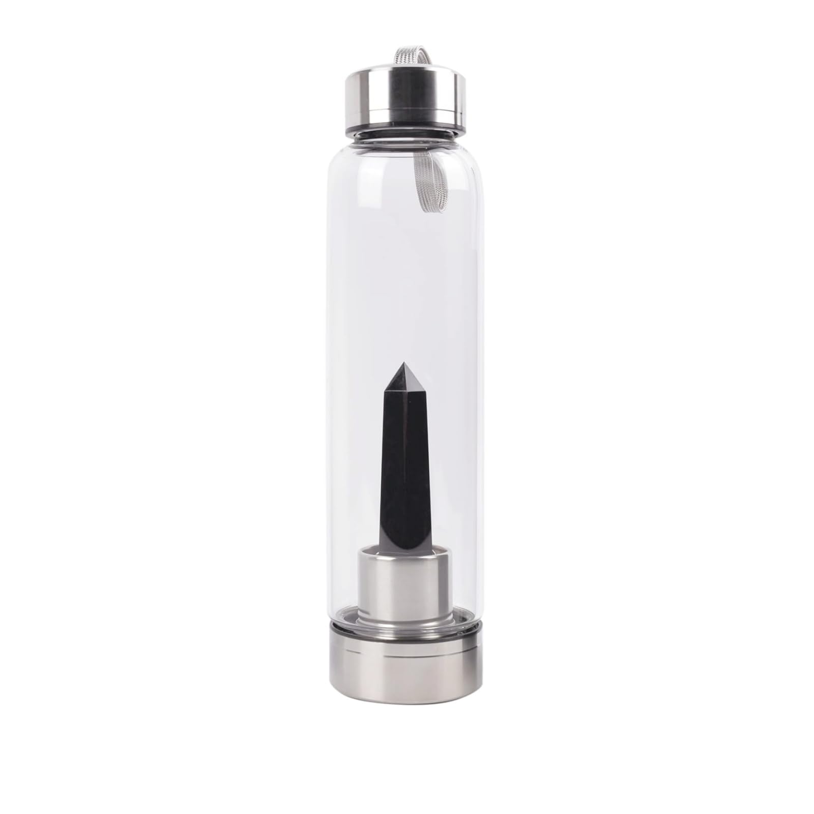 Queemie Black Quartz Crystal Water Bottle, Stainless Steel Glass Black Obsidian Gemstone Obelisk Wand Energy Cup Sports Cup, Natural Wellness Healing 550ml