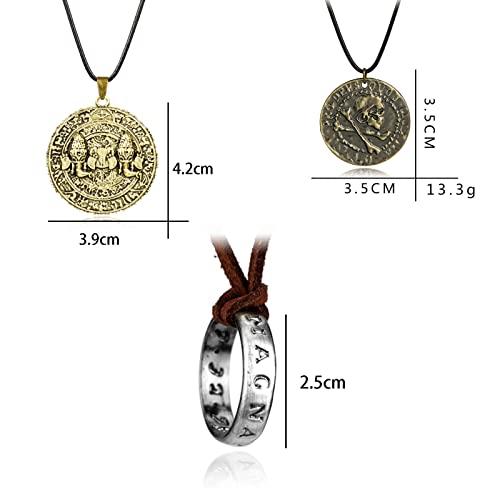 YouU 4 Stück Uncharted Nathan Drake’s Ringe Anhänger Halskette messingfarbenen Totenkopf-Gold Münzen-Anhänger Geflochten Leder Armband