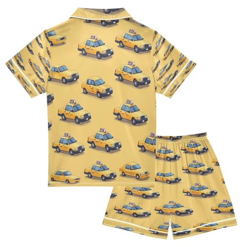Satin Pajama Sets Short Sleeve Yellow Taxi Car Button Down Silky Nightwear 2 Piece PJS 5-14Y2