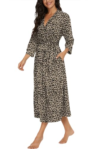 Image of VINTATRE Robes for Women Long Knit Bathrobe XS-4XL | 3 /4 Sleeve Bathrobes with Pockets, Stretchy and Lightweight Fabric, Inner Tie and Fixed Outer Belt, Mid Calf Length