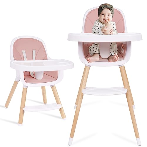 Image of Convertible Baby High Chair, 3-in-1 Wooden Highchair/Toddler Chair with Removable Tray, Feeding & Dining Chair with 5-Point Harness, PU Cushion, Footrest for Babies & Toddlers, Pink