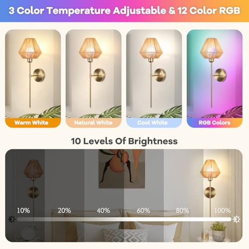 Image of Battery Operated Wall Sconce Set of 2, Rattan Rechargeable Wall Light Dimmable with Remote Control, 15 Color Changing and Timer, Boho Wireless Battery Operated Wall lamps for Bedroom, living room
