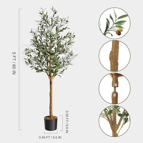 GAOMON Artificial Olive Tree 5FT(60in) Tall Faux Olive Trees with Silk Leaves for Home Office Living Room Decor Indoor Fake Olive Tree with Curved Wood Trunk and Lifelike Fruits 1 Pack