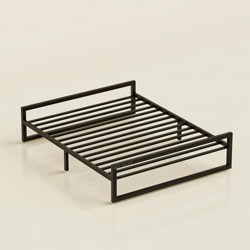 Image of Queen Size Metal Bed Frame | Queen Metal Bed | QueenSize Iron Bed | Queen Steel Bed | Heavy Duty Platform Bed | Double Bed Cot | Steel Slat Bed Frame | Powder Coated | No Box Spring Needed | Black
