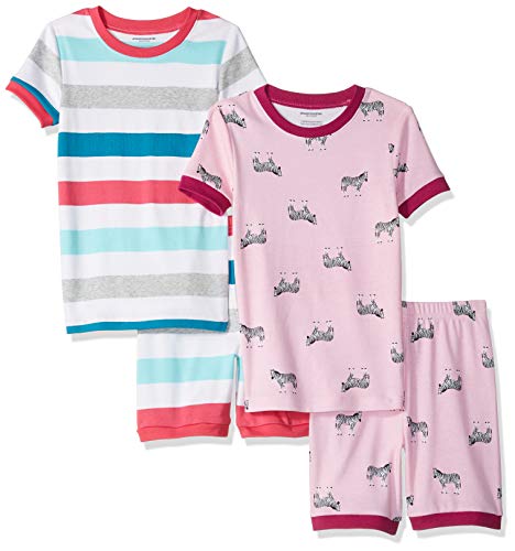 Amazon Essentials Girls' Snug-Fit Cotton Pajamas Sleepwear Sets, 4-Piece Zebra Stripe Shorts Set, 3T
