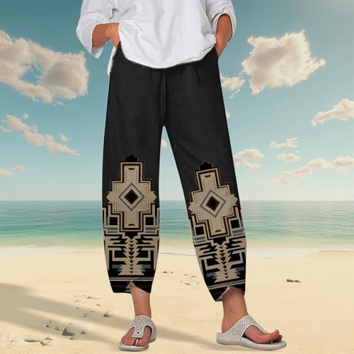 Image of DMOYALA Linen Pants for Women Summer Casual Wide Leg Capri Pants Loose Fit Palazzo Pants Cropped Beach Pants with Pockets