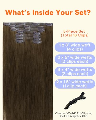 Image of Full Shine Seamless Clip in Hair Extensions Human Hair, Natural Brown | Hair Extension Clip ins, 12 Inch, 95g, 8 Pcs, Straight PU Weft, Fine Hair, Lightweight Daily Wear