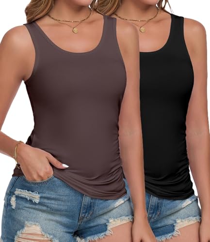 wirarpa Camisetas de Tirantes de Modal Elástico Camiseta de Verano sin Mangas para Mujer Pack de 2 Negro Marrón Talla XL