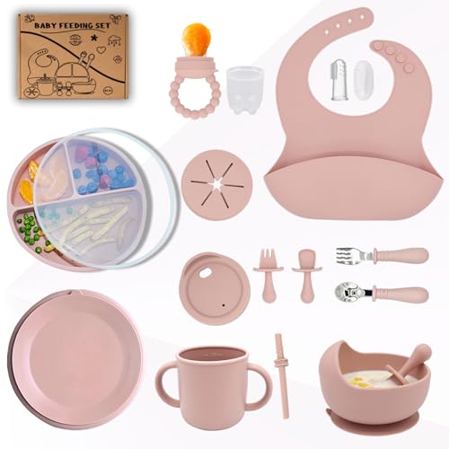 Image of kitchengoodsdude Baby Silicone Feeding Set 16PCS Baby Self Toddler Led Weaning Utensils Sets with Suction Bowl and Plate 2 Set of Baby Spoons and Forks Adjustable Bid, Sippy Cup with Straw and 2 Lids