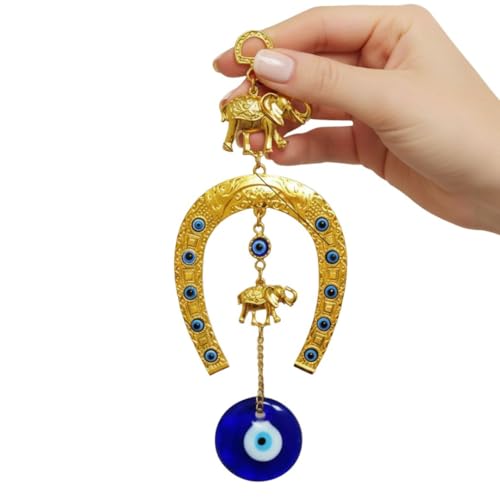 Image of BLUE BEADS Turkish Feng Shui Vastu Blue Glass Evil Eye Hanging /Door Hanging Nazar Batu for Protection and Good Luck - Perfect for Gifting Home or Office (GHODE NI NAL - Gold)