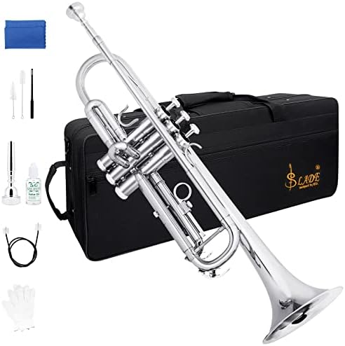 SLADE Bb Trumpet Brass Instruments Standard Brass Trumpet Set for Student Beginner Professional Trumpet with Trumpet Case, Cleaning Kit, 7C Mouthpiece and Gloves, Silver