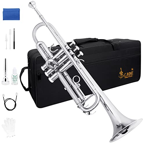 Slade Bb Trumpet Brass Instruments Standard Brass Trumpet Set For Student Beginner Professional Trumpet With Trumpet Case, Cleaning Kit, 7C Mouthpiece And Gloves, Silver #TOP29