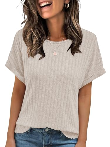 Cuptacc Womens Tops Crew Neck Womens T Shirts Casual Ladies Summer Tops Crew Neck Short Sleeve Shirt Apricot S 8-10