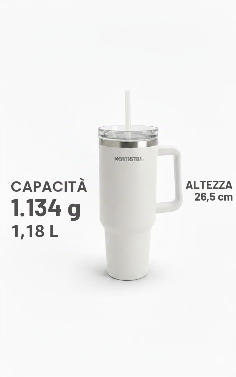 Bicchiere Termico 40oz (1,18 Litri) con Cannuccia e Manico - Tazza Termica in Acciaio Inox Senza BPA per Auto - Mantiene Ghiaccio e Caldo, Compatibile con Portabicchiere (celeste)