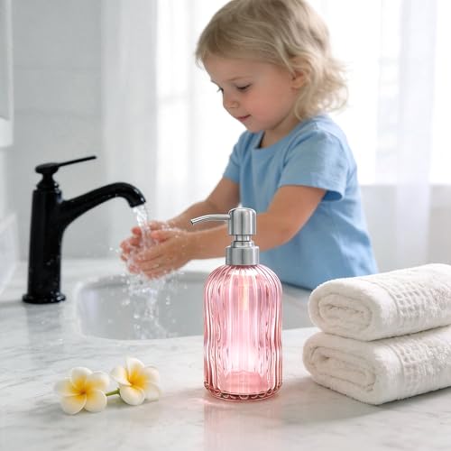 Image of 16 OZ Pink Glass Soap Dispenser Glass Soap Dispenser,Clear Pink Stripe Bathroom Hand Soap Dispensers with Stainless Steel Pump, Pink Kitchen Hand Soap Dispenser with Brushed Nickel Pump