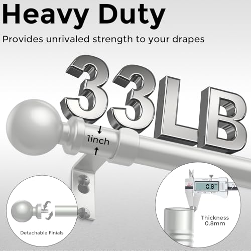 Silver Curtain Rods for Windows 30 to 56 Inch, Adjustable Heavy Duty 1" Diameter Decorative Curtain Rod with Silver Round Finials, Modern Easy Install Extendable Metal Drapery Pole Set