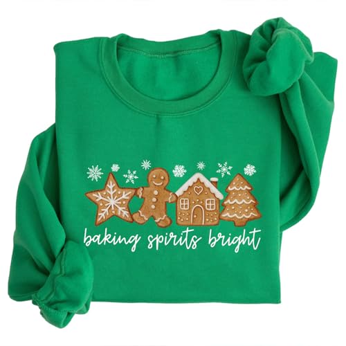 Image of Gingerbread Cookie Christmas Sweatshirts Baking Spirits Bright Xmas Sweatshirt Family Holiday Baking Sweater (US, Alpha, XX-Large, Regular, Regular, Green)