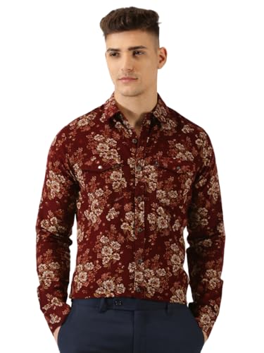 Image of Thomas Scott Men Slim Fit Pure Cotton Corduroy Floral Printed Semi-Formal Shirt