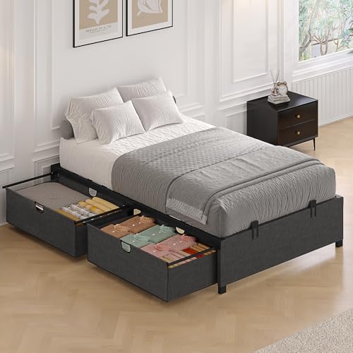 HAUOMS Twin Size Bed Frame with 2 Large Storage Drawers, Platform Bed with Drawers, Heavy Metal Slats Support, No Box Spring Needed, Noise Free, Easy Assembly, Dark Grey