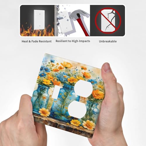 Decorative Outlet Covers Rustic Yellow Flowers Floral Blue Bottles 2 Gang Wall Plate Cover Single Toggle Duplex Combo Two Switch Light Switch Cover Plate Jumbo Dual GFCI Faceplate