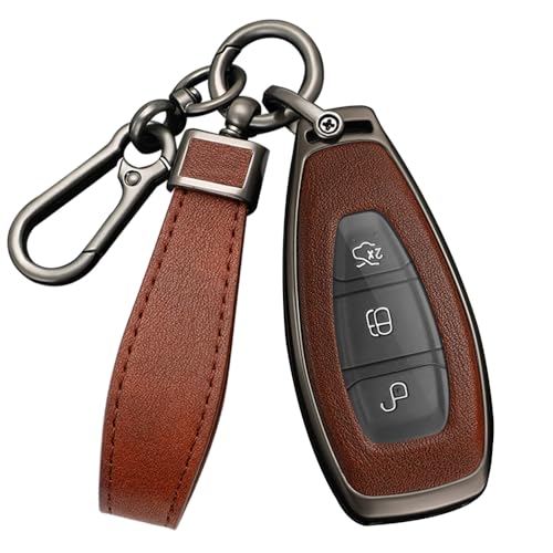 HIBEYO Key Case Cover for Ford Focus 3 4 ST Mondeo MK3 MK4 Fiesta Fusion Kuga 2013 2014 2015 2017 Accessories with Keychains Alloy PU Leather Material Key Fob Cover-Black Brown