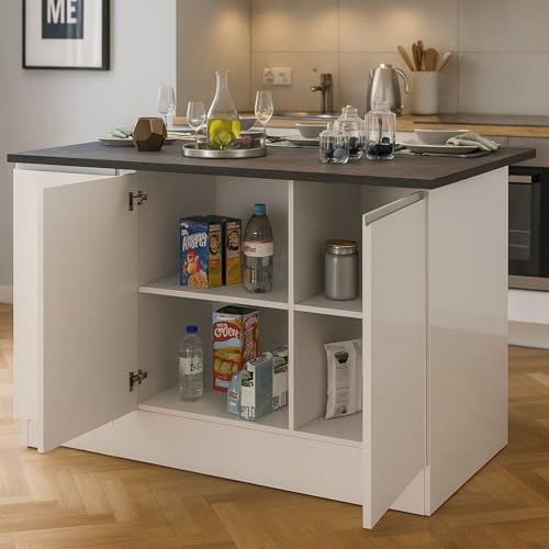 Dmora - Îlot de Cuisine Patrizio, Armoire Polyvalente, Meuble de kitchenette, Table auxiliaire, 100% Made in Italy, 155x90h90 cm, Blanc Brillant et Ardoise
