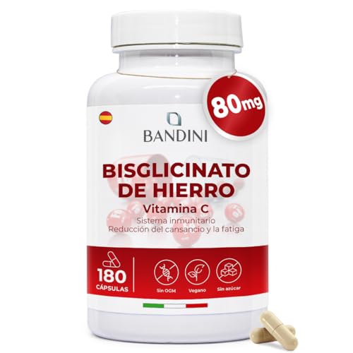 Bandini® Hierro Suplemento 80mg + Vitamina C 160mg - 180 Cápsulas Veganas (de bisglicinato de hierro) Contribuye a la Formación de Glóbulos Rojos y Hemoglobina - Con Alta Absorción y al Sistema Inmune