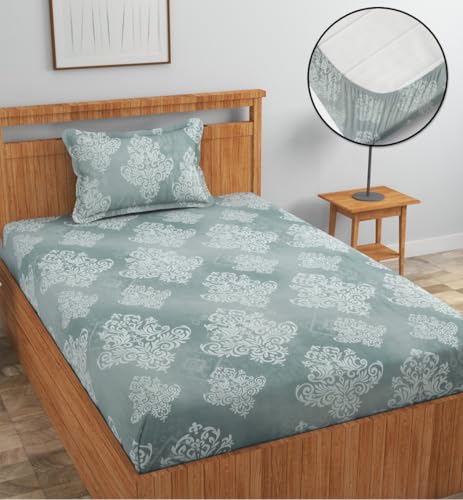 Image of NEW LEAF Premium Cotton Elastic Fitted Bedsheets with 1 Pillow Covers |Solid or Plain Single Bed Elastic 220 TC Supersoft Breathable & Wrinklefree | for 72x36+6 Inches, Silver & White