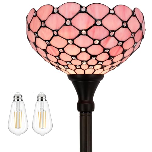 Image of WERFACTORY Tiffany Floor Lamp Pink Stained Glass Pearl Bead Light 12X12X71 Inches Torchiere Standing Corner Torch Uplight Decor Bedroom Living Room Home Office S005P Series