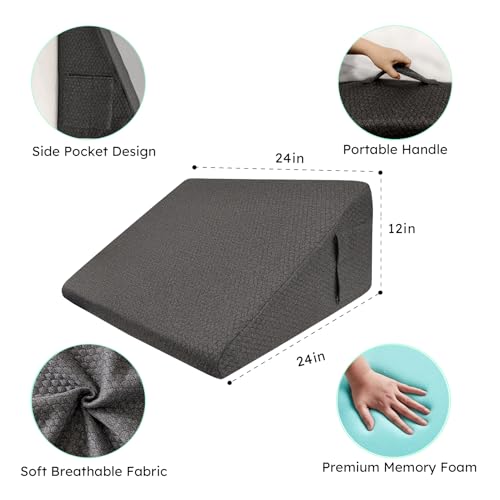 Image of Wedge Pillow, 12 inch Bed Wedge Pillow, Elevated Body Pillow for Back Support, Acid Reflux, Leg, Neck Pain, Snoring, Triangle Pillow Wedge - Cooling Memory Foam Top, Dark Grey