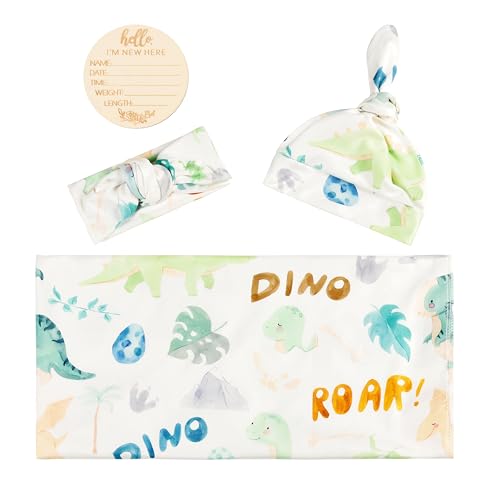 Image of Newborn Swaddle Sets with Headband Beanie and a Name Card Baby Snug Wrap Receiving Blanket for Baby Boys Girls (Green Dinosaur)