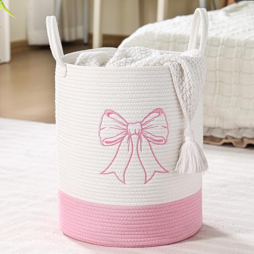 Image of Honeydak 15'' x 18'' Pink Bow Cotton Rope Laundry Basket Hamper Large Laundry Basket Hamper Coquette Bow Room Decor Girls Girly Nursery Storage Bin Tall Round Organizer Blanket Toys Clothes(Bowknot)