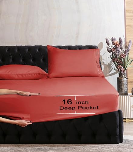 Image of Mocassi Full Sheet Set - Luxury Hotel 1800 Premier Bedding Sheets & Pillowcases - Ultra Soft Breathable & Cooling Bed Sheets - Deep Pocket - Wrinkle Resistant - 6 Piece Set - Full, Rust