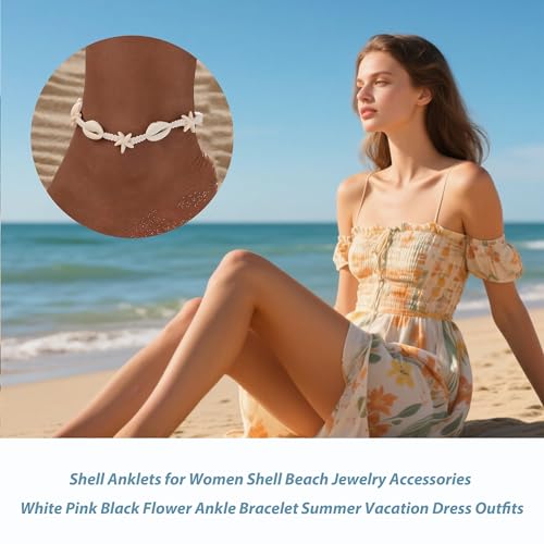 Image of Shell Anklets for Women Shell Beach Jewelry Accessories White Pink Black Flower Ankle Bracelet Summer Vacation Dress Outfits