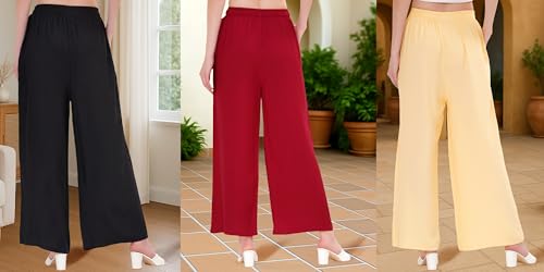 Image of Buy That Trendz Palazzo Pants for Women Rayon Elasticated Regular Fit Flared Wide Leg M to 6XL Pack of 3