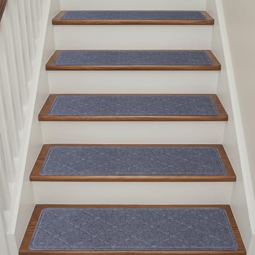 CrystalMX Stair Treads Non Slip for Wooden Steps Indoor, 15 Pack 9' X 28' Carpet Runners for Wood Stairs with Self-Adhesive Backing, Stickiness Stair Rugs for Kids Elders and Dogs, Diamond Dark Grey