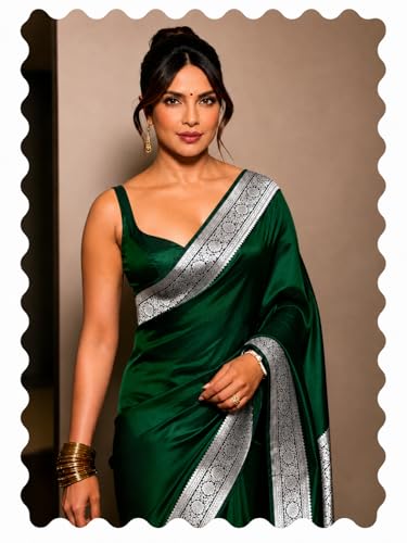 Image of Women's Glory Womens Satin Saree with Silver Woven Border | Elegant Plain Glossy Silk Saree for Party, Wedding, Reception & Festive Style with Unstitched Blouse Piece