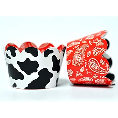 Cow and Bandana Cupcake Wrappers for Kids Birthday Parties, Baby Showers, Farm themed Bridal Showers/Weddings, and School Events. Set of 24 Reversible Cow Print to Red Bandana pattern Cup Cake Holder Cover
