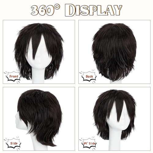 Image of S-noilite Short Brown Cosplay Hair Wig for Unisex Women Men Pixie Layered Wigs for Halloween Anime Costume Party Fluffy Synthetic Wigs (Dark Brown)