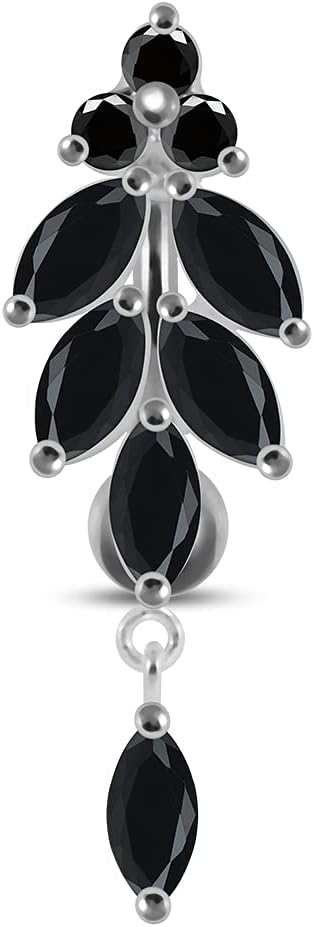 Jeweled Laurel Leaves Dangling 925 Sterling Silver Belly-Navel Ring Body Jewelry