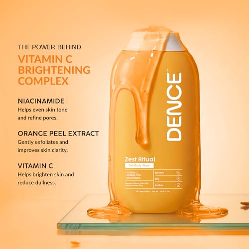 Image of DENCE Zest Ritual Brightening Gel Body Wash with Vitamin C, Niacinamide & Orange Peel | Evens Skin Tone & Refines Pores | Lemon & Amber Fragrance | Sulphate-Free | 300 ml
